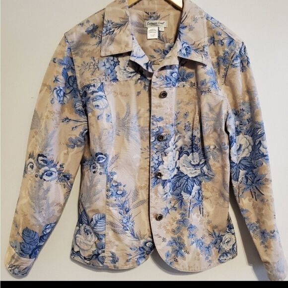 1X COLDWATER CREEK TAN BLUE FLORAL BUTTON FRONT LIGHTWEIGHT BLAZER JACKET 1 X - Picture 6 of 14